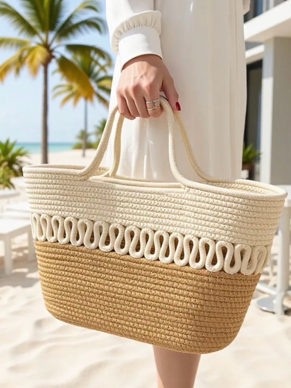 Woven Two-Tone Beach Tote Bag - Cream & Tan